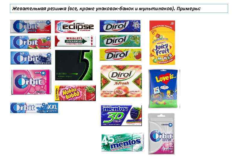 Жевательная резинка (все, кроме упаковок-банок и мультипаков). Примеры: 