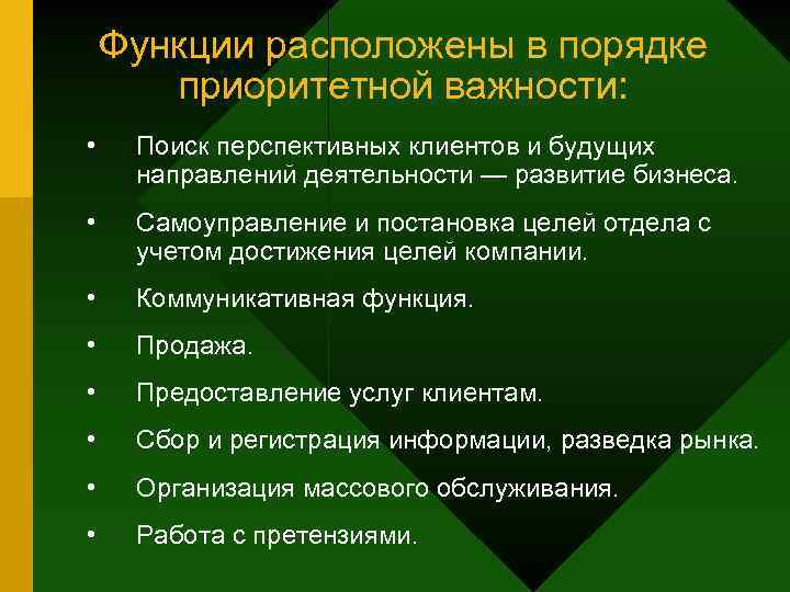 Функции расположены в порядке приоритетной важности: • Поиск перспективных клиентов и будущих направлений деятельности