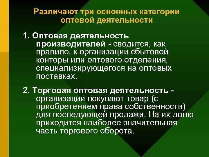 Различают три основных категории оптовой деятельности 1. Оптовая деятельность производителей - сводится, как правило,