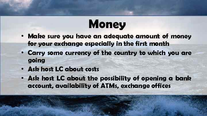 Money • Make sure you have an adequate amount of money for your exchange