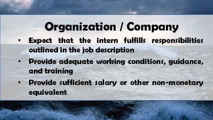 Organization / Company • Expect that the intern fulfills responsibilities outlined in the job