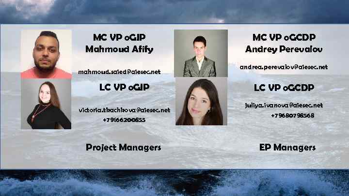 MC VP o. GIP Mahmoud Afify mahmoud. saied@aiesec. net LC VP o. GIP victoria.