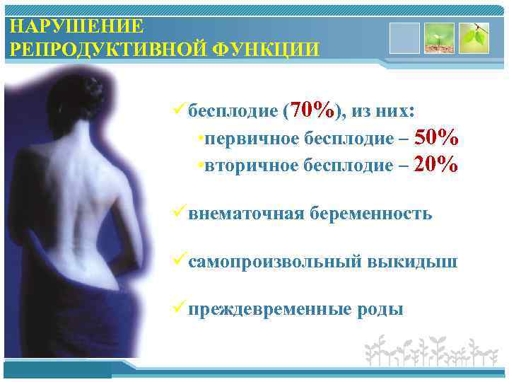 НАРУШЕНИЕ РЕПРОДУКТИВНОЙ ФУНКЦИИ üбесплодие (70%), из них: • первичное бесплодие – 50% • вторичное