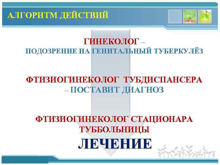 АЛГОРИТМ ДЕЙСТВИЙ ГИНЕКОЛОГ – ПОДОЗРЕНИЕ НА ГЕНИТАЛЬНЫЙ ТУБЕРКУЛЁЗ ФТИЗИОГИНЕКОЛОГ ТУБДИСПАНСЕРА – ПОСТАВИТ ДИАГНОЗ ФТИЗИОГИНЕКОЛОГ