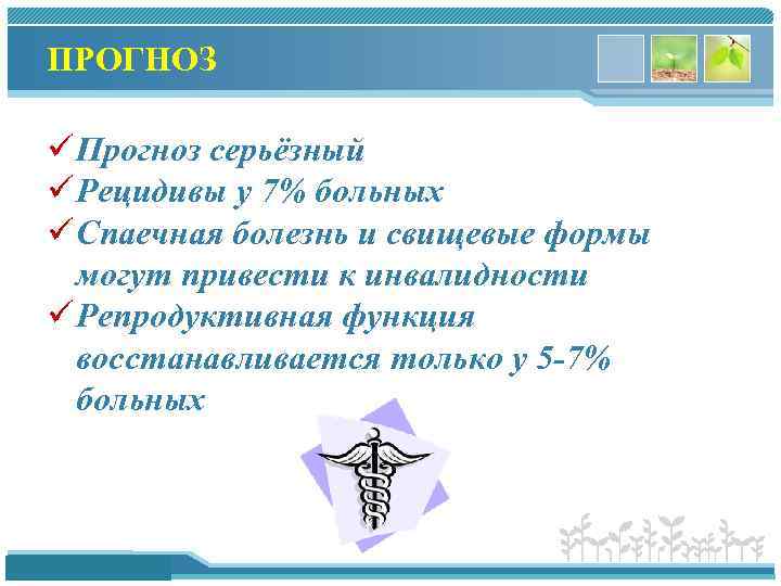 ПРОГНОЗ ü Прогноз серьёзный ü Рецидивы у 7% больных ü Спаечная болезнь и свищевые