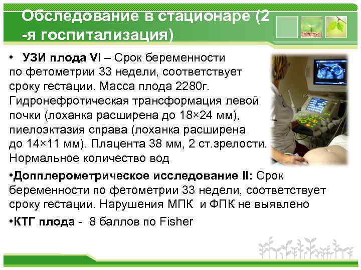 Обследование в стационаре (2 -я госпитализация) • УЗИ плода VI – Срок беременности по