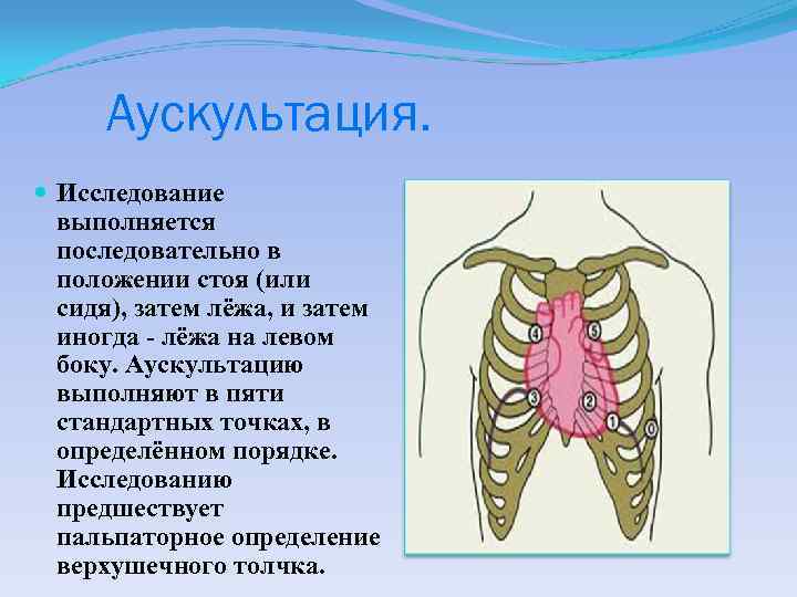 Аускультация. Исследование выполняется последовательно в положении стоя (или сидя), затем лёжа, и затем иногда