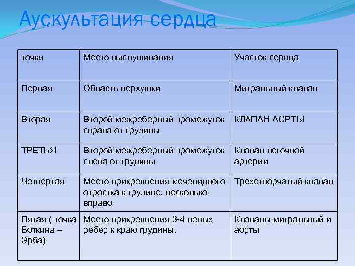 Аускультация сердца точки Место выслушивания Участок сердца Первая Область верхушки Митральный клапан Вторая Второй