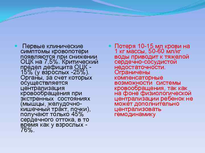  Первые клинические симптомы кровопотери появляются при снижении ОЦК на 7, 5%. Критический предел