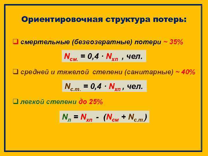 Ориентировочная структура потерь: q смертельные (безвозвратные) потери ~ 35% Nсм. = 0, 4 ·