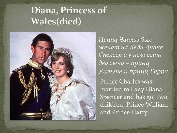 Diana, Princess of Wales(died) Принц Чарльз был женат на Леди Диане Спенсер и у