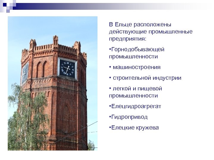 В Ельце расположены действующие промышленные предприятия: • Горнодобывающей промышленности • машиностроения • строительной индустрии