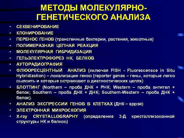 МЕТОДЫ МОЛЕКУЛЯРНОГЕНЕТИЧЕСКОГО АНАЛИЗА • • • СЕКВЕНИРОВАНИЕ КЛОНИРОВАНИЕ ПЕРЕНОС ГЕНОВ (трансгенные бактерии, растения, животные)