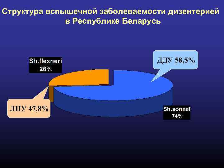 Структура вспышечной заболеваемости дизентерией в Республике Беларусь ДДУ 58, 5% ЛПУ 47, 8% 