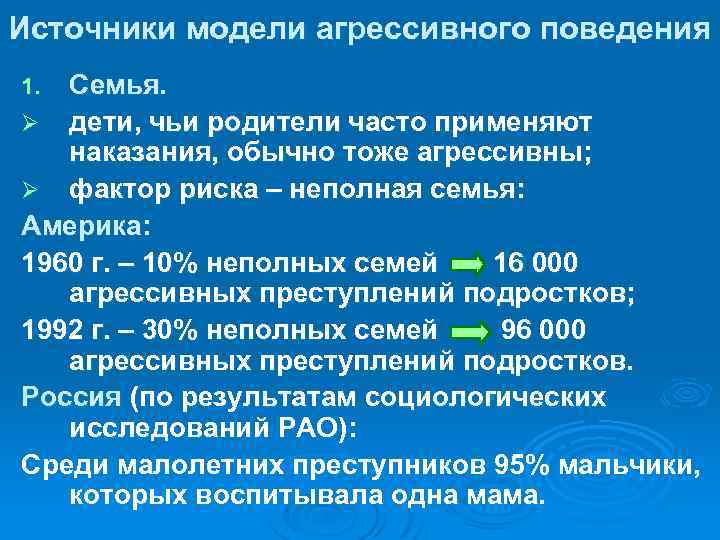 Источники модели агрессивного поведения Семья. Ø дети, чьи родители часто применяют наказания, обычно тоже