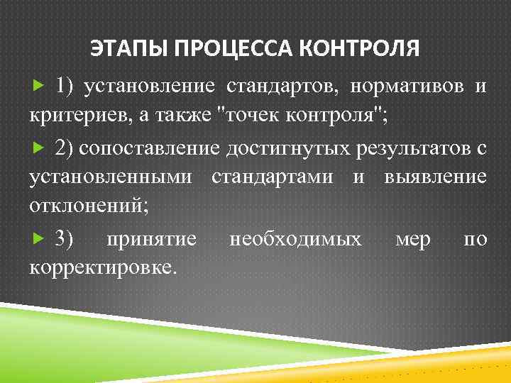 ЭТАПЫ ПРОЦЕССА КОНТРОЛЯ 1) установление стандартов, нормативов и критериев, а также ''точек контроля''; 2)