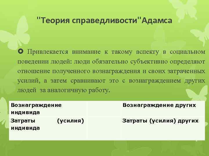 ''Теория справедливости''Адамса Привлекается внимание к такому аспекту в социальном поведении людей: люди обязательно субъективно