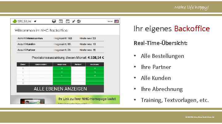 Make life happy! Ihr eigenes Backoffice Real-Time-Übersicht: • Alle Bestellungen • Ihre Partner •