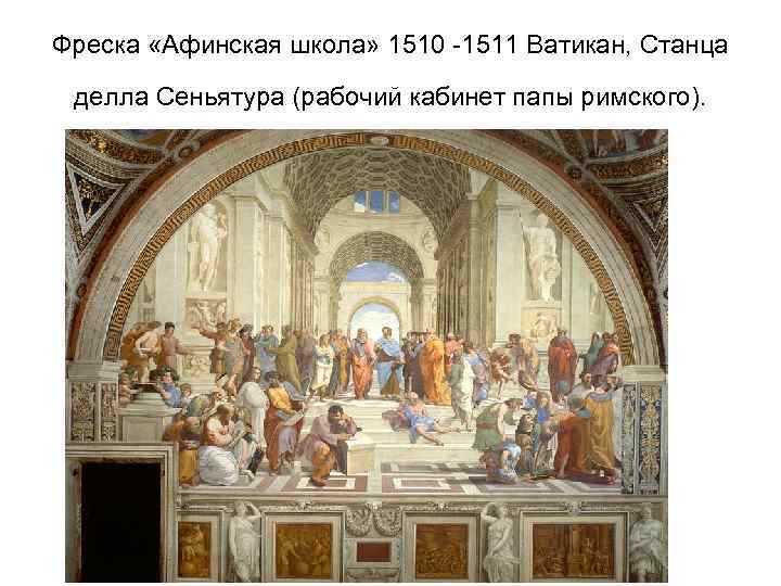Фреска «Афинская школа» 1510 -1511 Ватикан, Станца делла Сеньятура (рабочий кабинет папы римского). 
