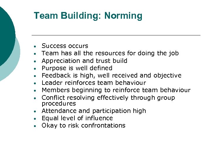 Team Building: Norming • • • Success occurs Team has all the resources for