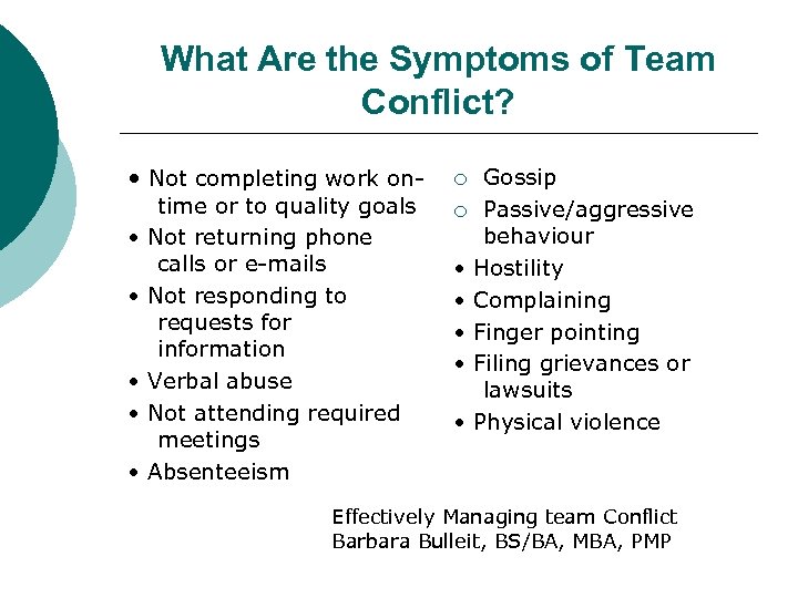 What Are the Symptoms of Team Conflict? • Not completing work ontime or to