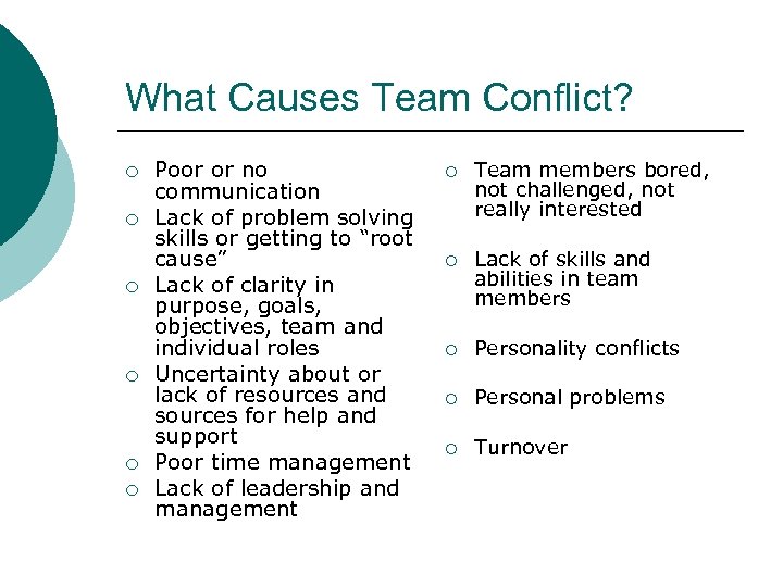 What Causes Team Conflict? ¡ ¡ ¡ Poor or no communication Lack of problem