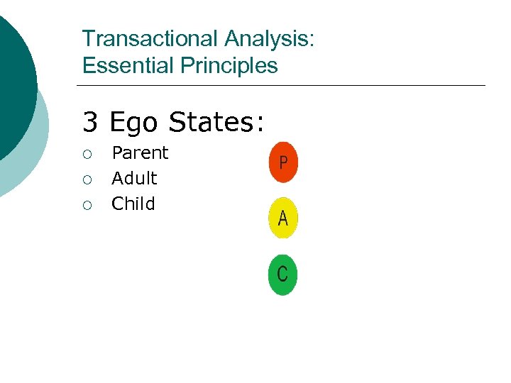 Transactional Analysis: Essential Principles 3 Ego States: ¡ ¡ ¡ Parent Adult Child 