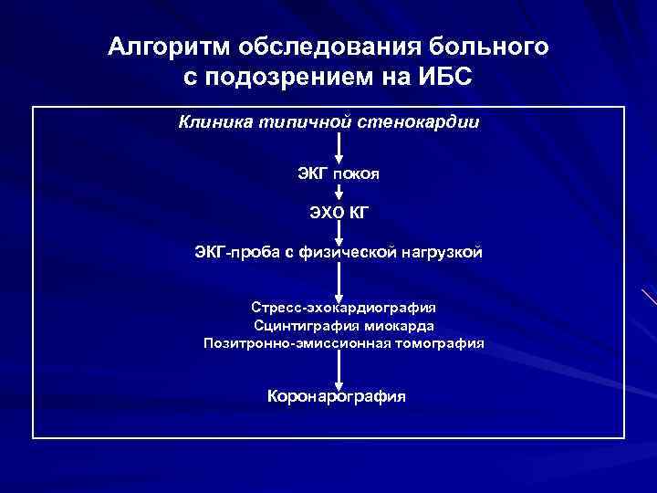 Алгоритм обследования больного с подозрением на ИБС Клиника типичной стенокардии ЭКГ покоя ЭХО КГ
