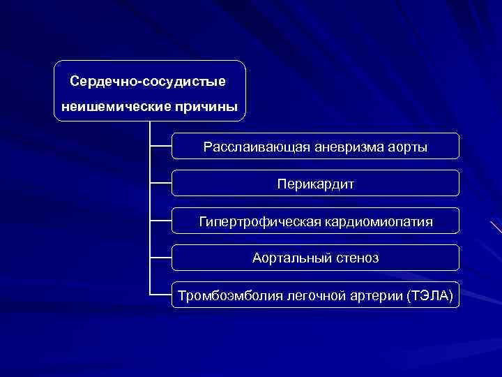 Сердечно-сосудистые неишемические причины Расслаивающая аневризма аорты Перикардит Гипертрофическая кардиомиопатия Аортальный стеноз Тромбоэмболия легочной артерии