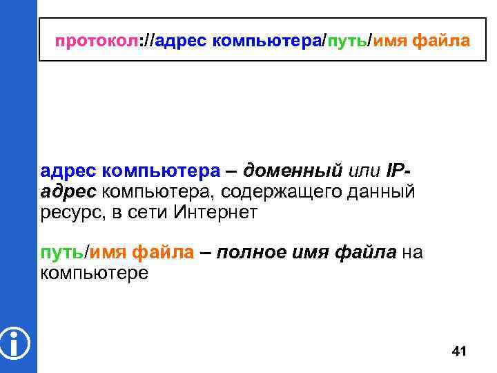  протокол: //адрес компьютера/путь/имя файла адрес компьютера – доменный или IPадрес компьютера, содержащего данный