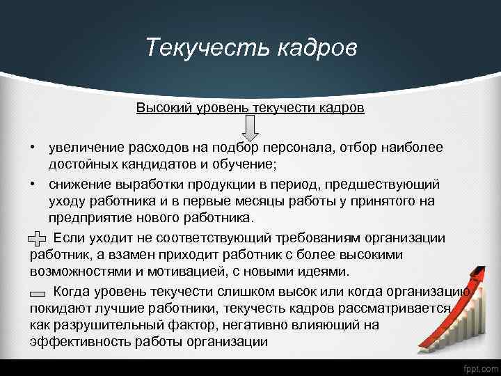 Причины текучести кадров. Высокий уровень текучести кадров. Уровень текучести персонала. Снижение текучести кадров. Отрицательные последствия текучести персонала:.