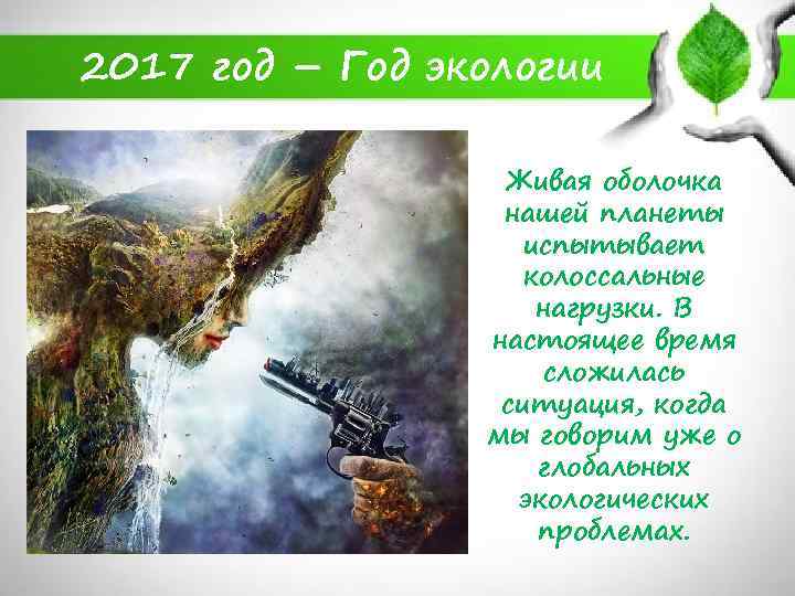 2017 год – Год экологии Живая оболочка нашей планеты испытывает колоссальные нагрузки. В настоящее
