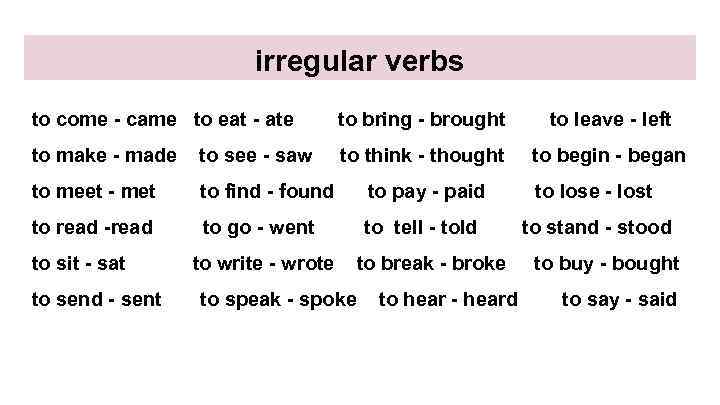 irregular verbs to come - came to eat - ate to bring - brought