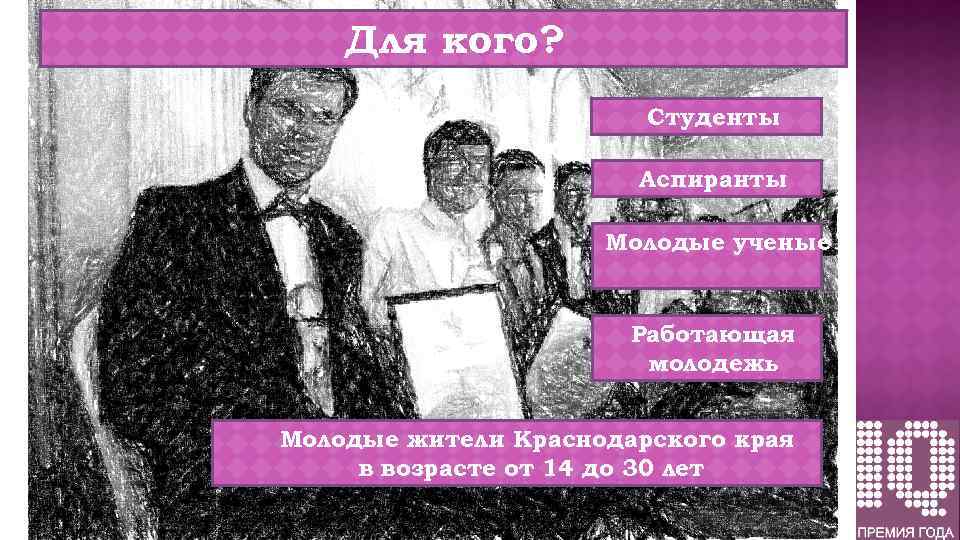 Для кого? Студенты Аспиранты Молодые ученые Работающая молодежь Молодые жители Краснодарского края в возрасте