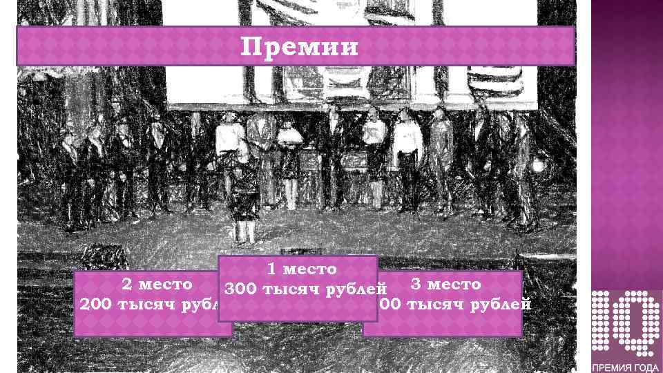 Премии 1 место 2 место 300 тысяч рублей 3 место 200 тысяч рублей 100
