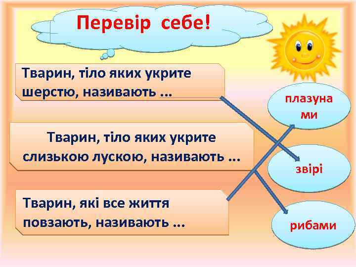 Перевір себе! Тварин, тіло яких укрите шерстю, називають. . . Тварин, тіло яких укрите