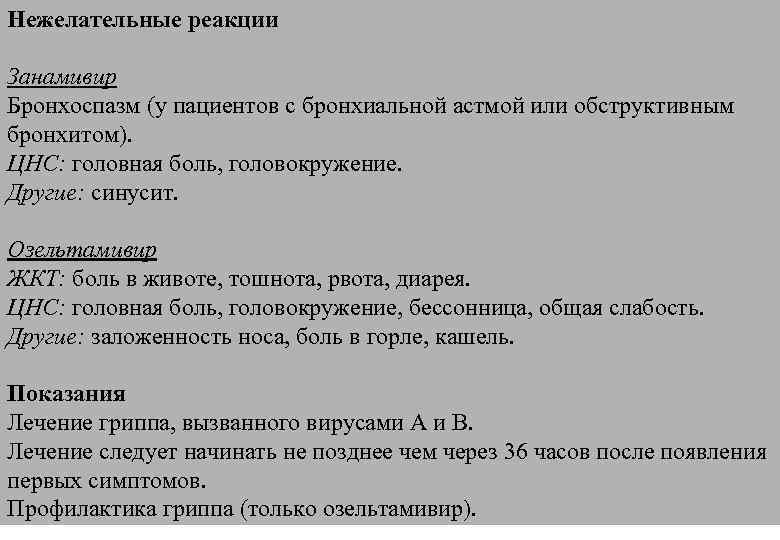 Нежелательные реакции Занамивир Бронхоспазм (у пациентов с бронхиальной астмой или обструктивным бронхитом). ЦНС: головная