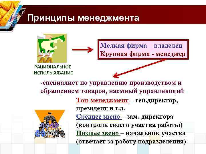 Принципы менеджмента Мелкая фирма – владелец Крупная фирма - менеджер РАЦИОНАЛЬНОЕ ИСПОЛЬЗОВАНИЕ -специалист по
