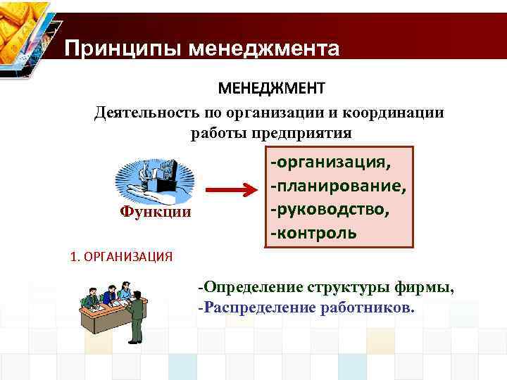 Принципы менеджмента Деятельность по организации и координации работы предприятия Функции -организация, -планирование, -руководство, -контроль