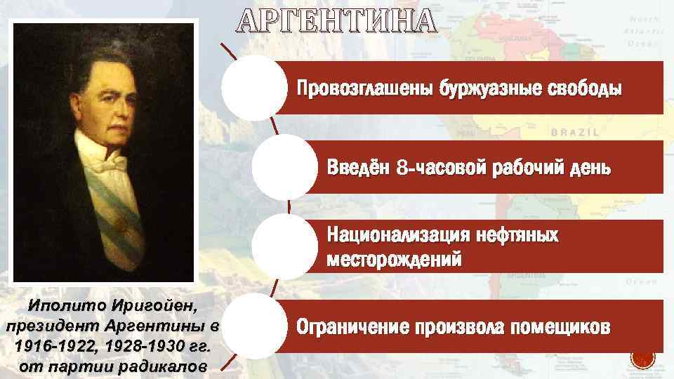 АРГЕНТИНА Провозглашены буржуазные свободы Введён 8 -часовой рабочий день Национализация нефтяных месторождений Иполито Иригойен,
