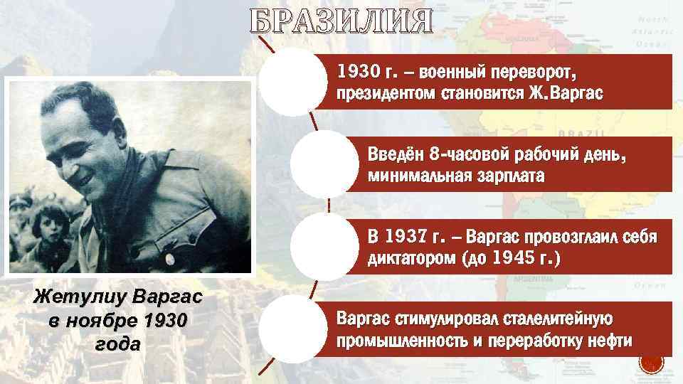 БРАЗИЛИЯ 1930 г. – военный переворот, президентом становится Ж. Варгас Введён 8 -часовой рабочий