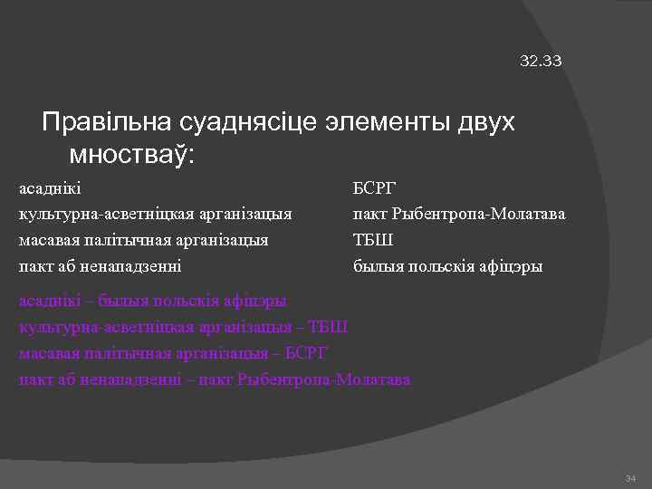 32. 33 Правільна суаднясіце элементы двух мностваў: асаднікі культурна-асветніцкая арганізацыя масавая палітычная арганізацыя пакт