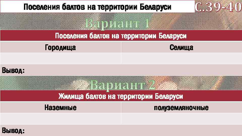 Поселения балтов на территории Беларуси С. 39 -40 Поселения балтов на территории Беларуси Городища