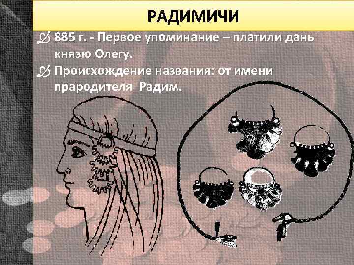 РАДИМИЧИ 885 г. - Первое упоминание – платили дань князю Олегу. Происхождение названия: от