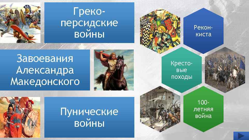 Грекоперсидские войны Завоевания Александра Македонского Пунические войны Реконкиста Крестовые походы 100 летняя война 