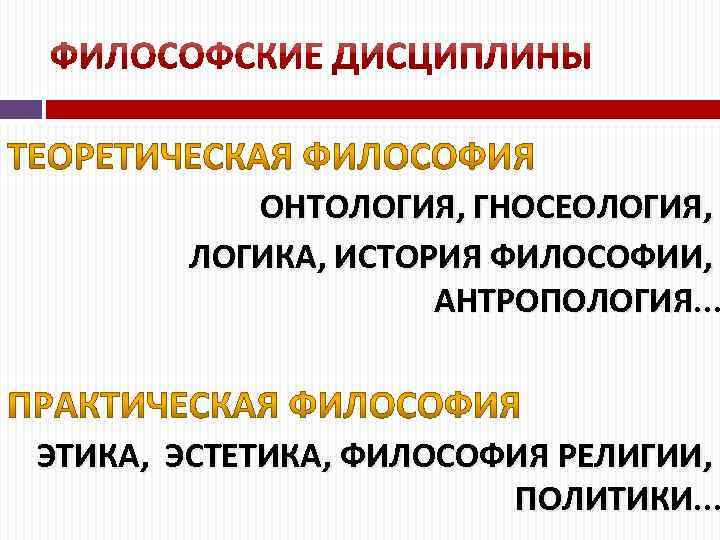 ОНТОЛОГИЯ, ГНОСЕОЛОГИЯ, ЛОГИКА, ИСТОРИЯ ФИЛОСОФИИ, АНТРОПОЛОГИЯ. . . ЭТИКА, ЭСТЕТИКА, ФИЛОСОФИЯ РЕЛИГИИ, ПОЛИТИКИ. .