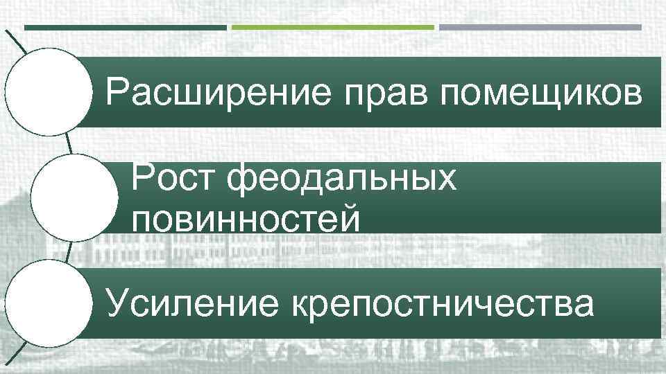 Расширение прав помещиков Рост феодальных повинностей Усиление крепостничества 