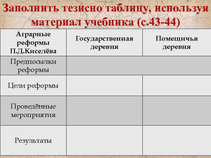 Заполнить тезисно таблицу, используя материал учебника (с. 43 -44) Аграрные реформы П. Д. Киселёва