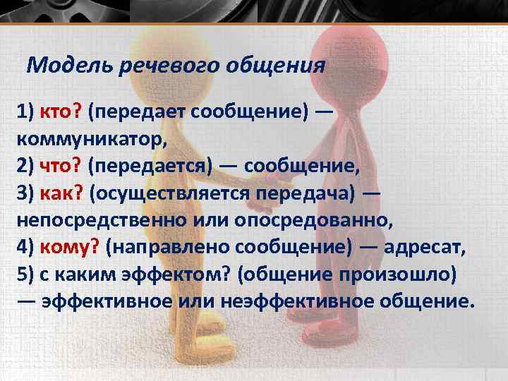 Модель речевого общения 1) кто? (передает сообщение) — коммуникатор, 2) что? (передается) — сообщение,