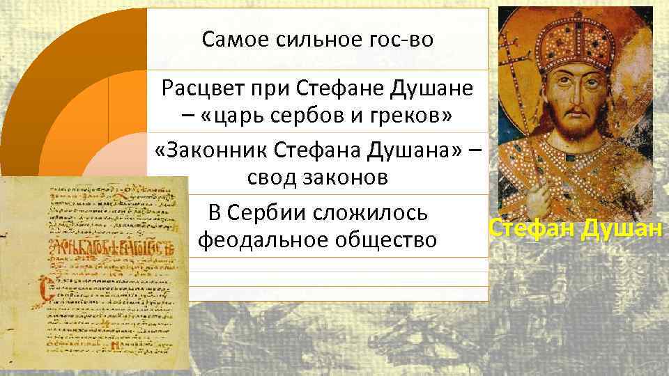 Самое сильное гос-во Расцвет при Стефане Душане – «царь сербов и греков» «Законник Стефана